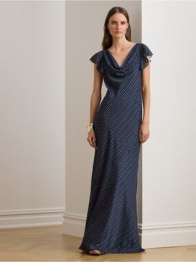 Ralph Lauren Navy Polka Dot Cowl-Neck Maxi Dress NWT SIZE 6